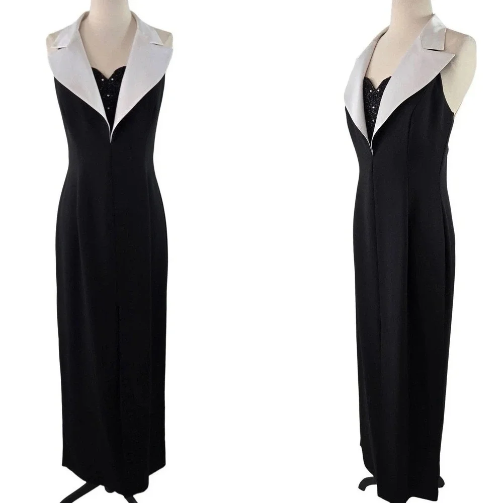 Ever Beauty Tuxedo Gown Women 8 Black White Vintage Beaded Halter Maxi Dress